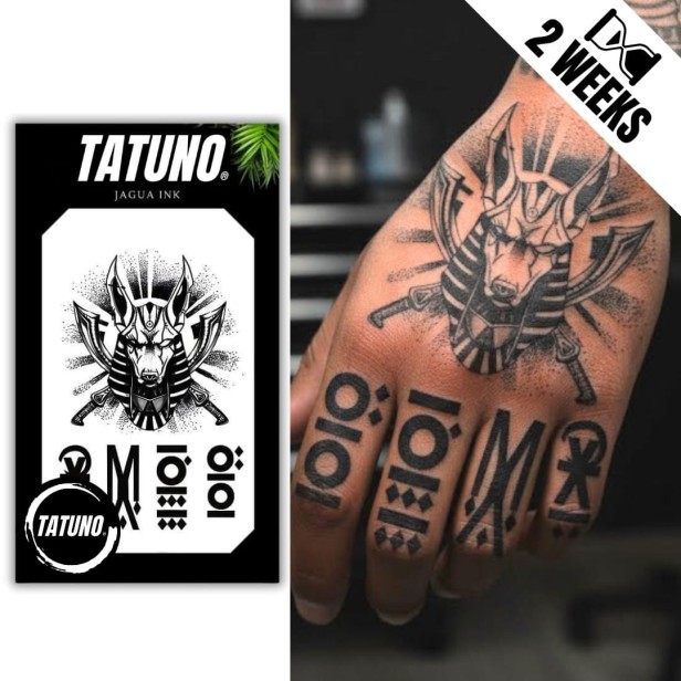 Tatuaż jagua półtrwały na dłoń boski sędzia – anubis i święty kod