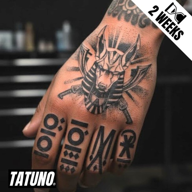 Tatuaż jagua półtrwały na dłoń boski sędzia – anubis i święty kod