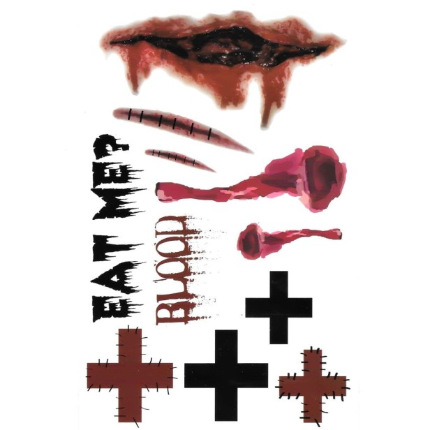 Duży tatuaż halloween z napisami eat me rany