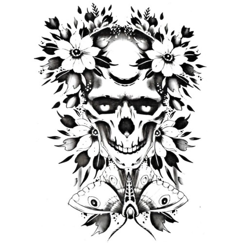 Tatuaż kwiaty czaszka motyl