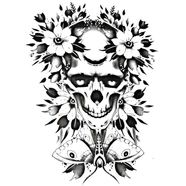 Tatuaż kwiaty czaszka motyl
