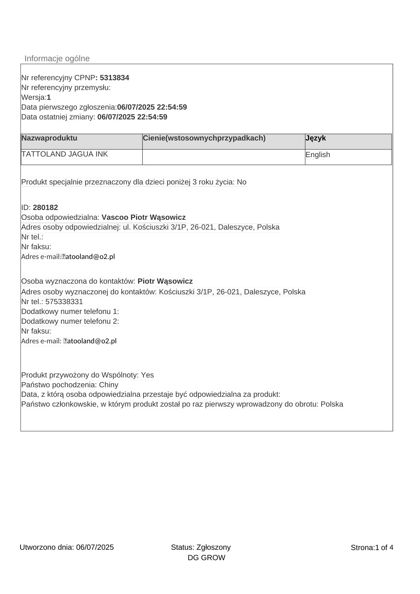 Jagua — Potvrzení o notifikaci v evropském portálu CPNP