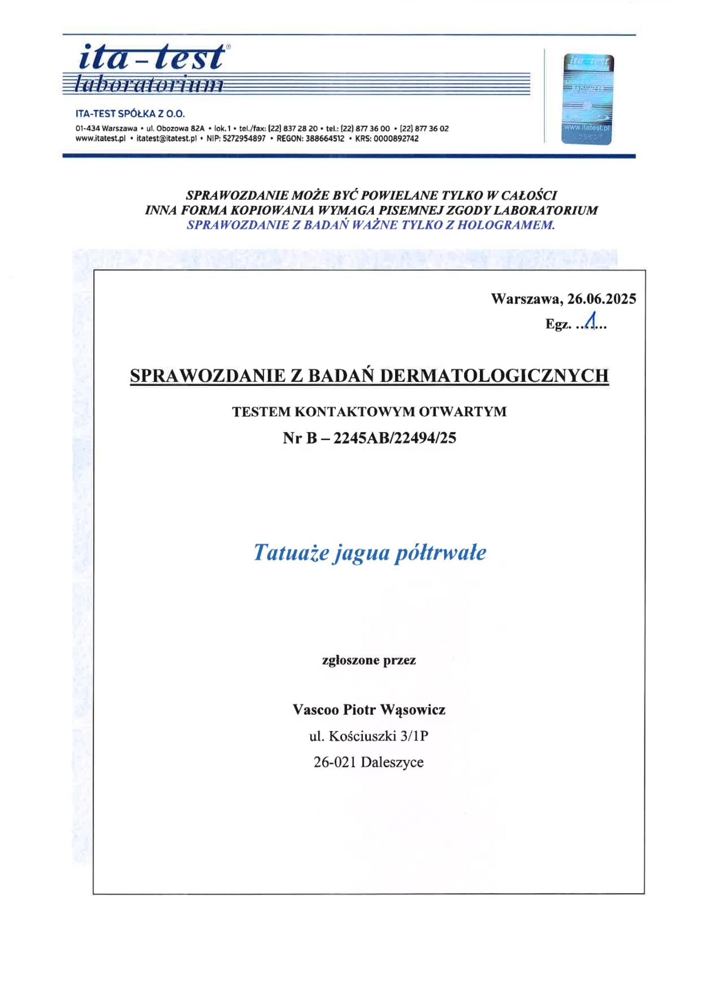 Jagua — Certifikát dermatologických testů podle norem EU