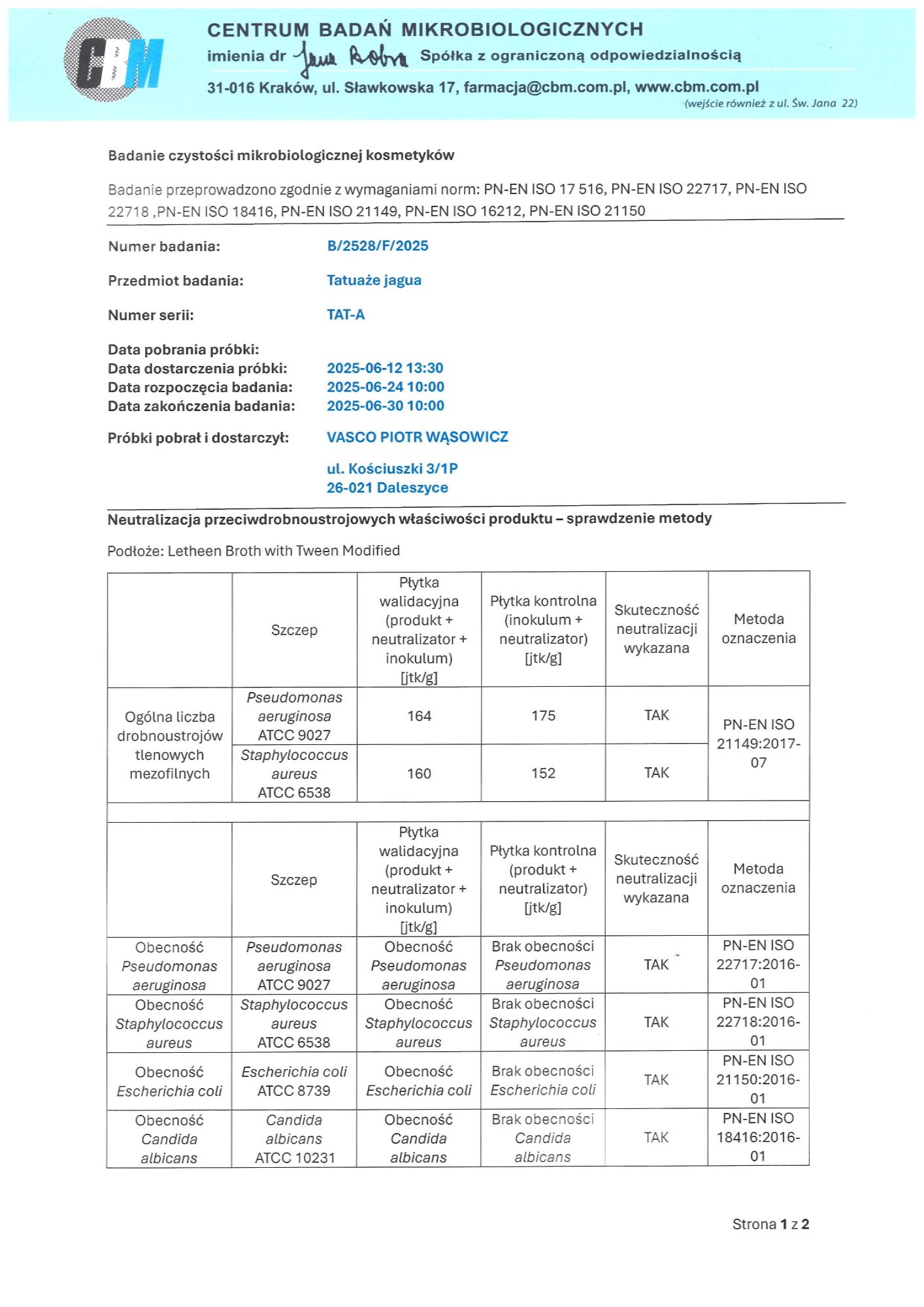 Jagua — Certifikát mikrobiologických laboratorních analýz